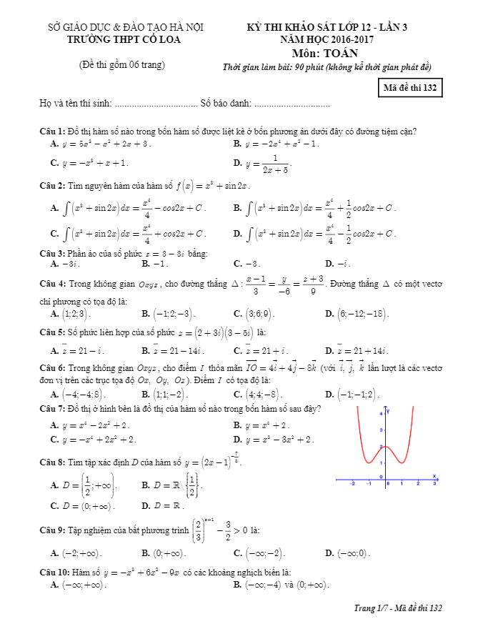 đề thi thử thpt quốc gia 2017 môn toán trường thpt cổ loa – hà nội lần 3