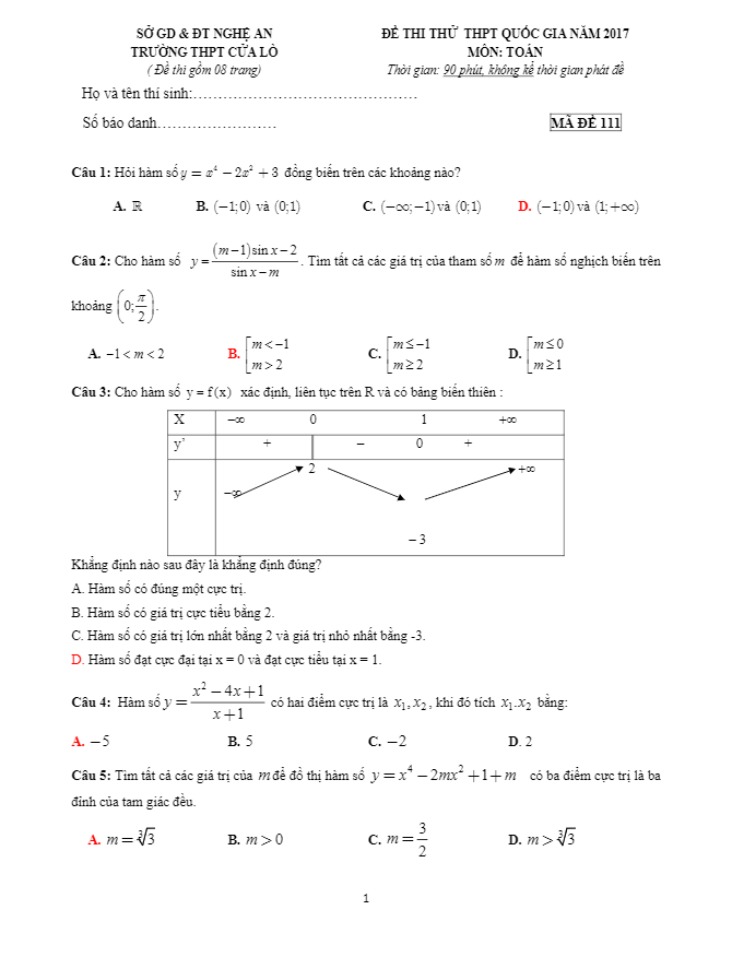 đề thi thử thpt quốc gia 2017 môn toán trường thpt cửa lò – nghệ an