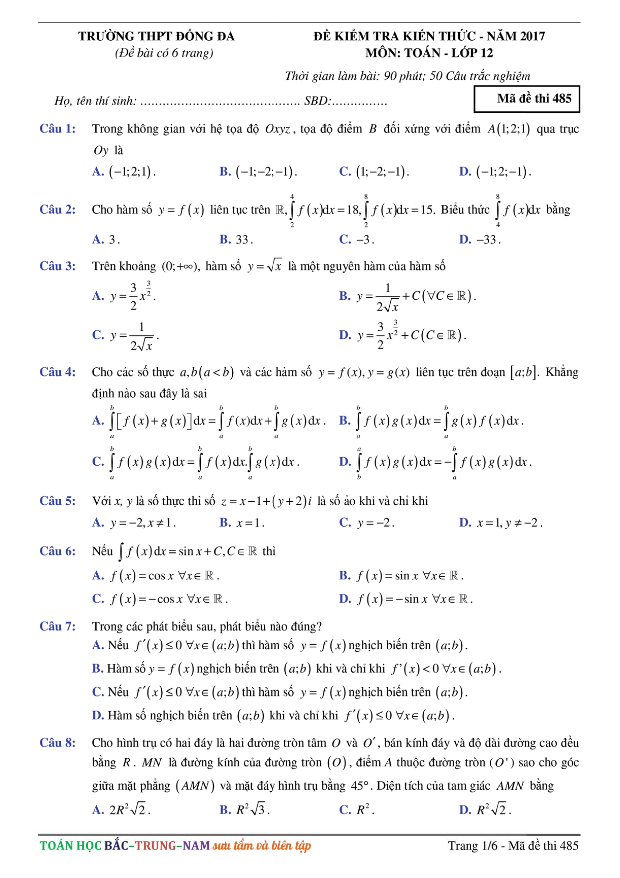 đề thi thử thpt quốc gia 2017 môn toán trường thpt đống đa – hà nội