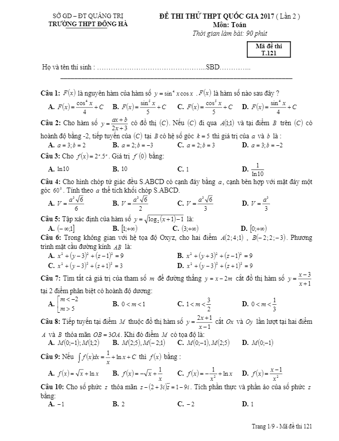 đề thi thử thpt quốc gia 2017 môn toán trường thpt đông hà – quảng trị lần 2