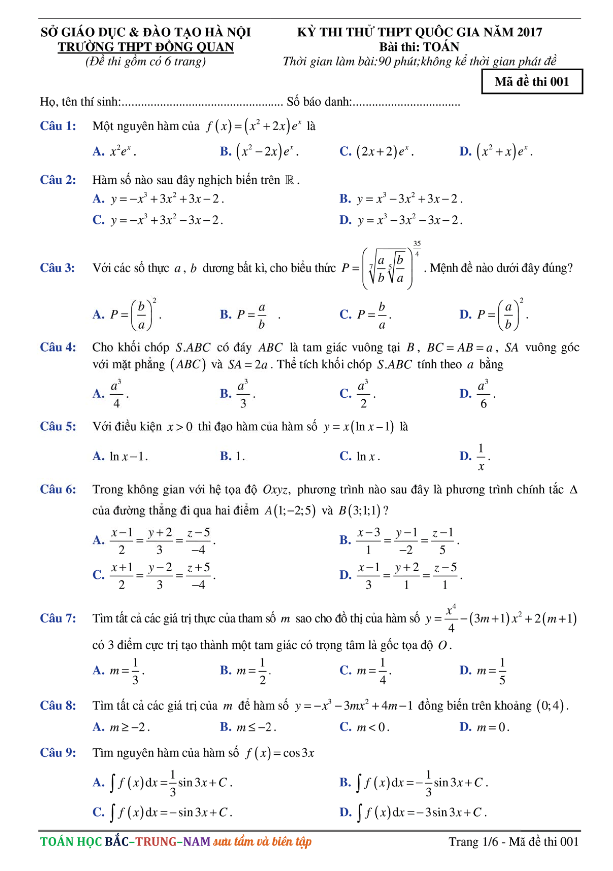 đề thi thử thpt quốc gia 2017 môn toán trường thpt đồng quan – hà nội