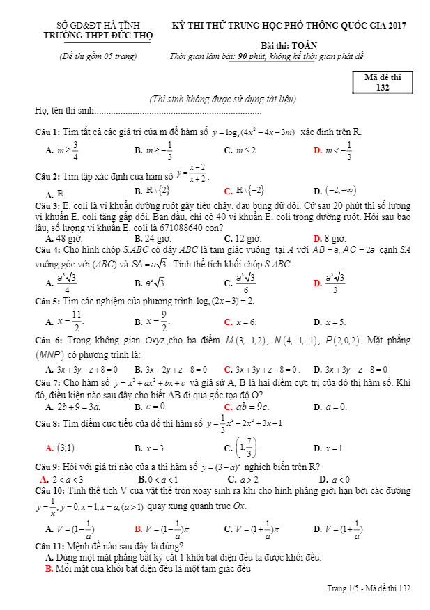 đề thi thử thpt quốc gia 2017 môn toán trường thpt đức thọ – hà tĩnh