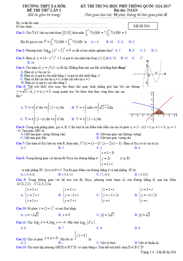 đề thi thử thpt quốc gia 2017 môn toán trường thpt earôk – đăk lăk lần 2