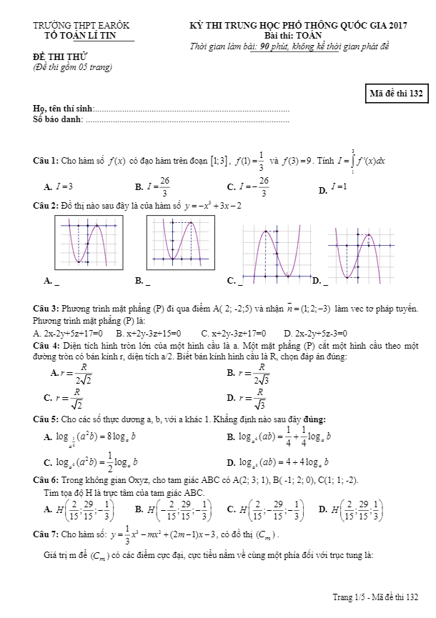 đề thi thử thpt quốc gia 2017 môn toán trường thpt earôk – đăk lăk