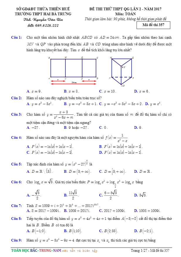 đề thi thử thpt quốc gia 2017 môn toán trường thpt hai bà trưng – tt. huế lần 2