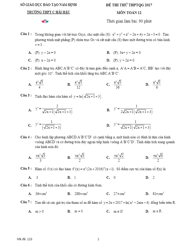 đề thi thử thpt quốc gia 2017 môn toán trường thpt hải hậu c – nam định