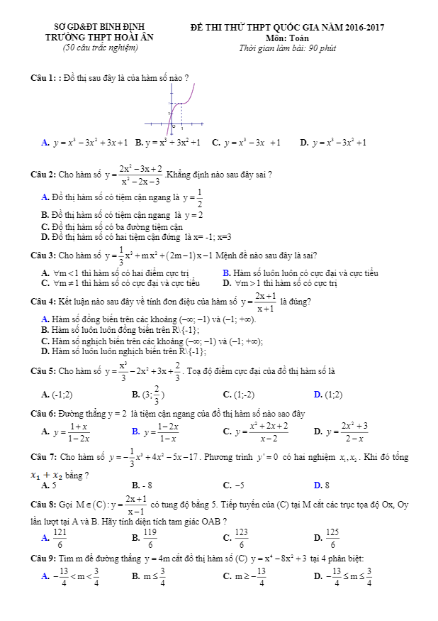 đề thi thử thpt quốc gia 2017 môn toán trường thpt hoài ân – bình định