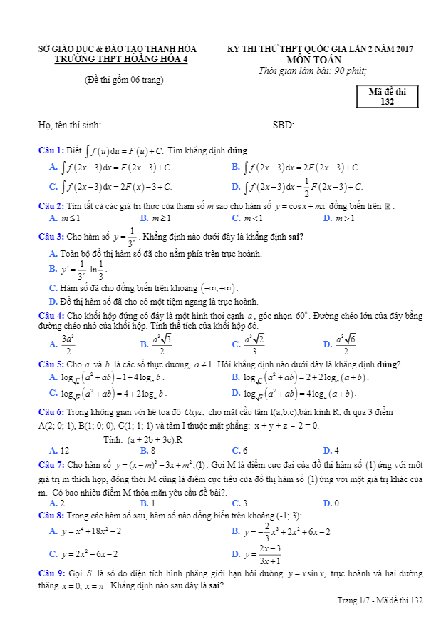 đề thi thử thpt quốc gia 2017 môn toán trường thpt hoằng hóa 4 – thanh hóa lần 2