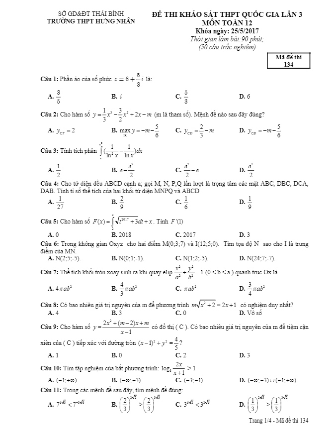đề thi thử thpt quốc gia 2017 môn toán trường thpt hưng nhân – thái bình lần 3