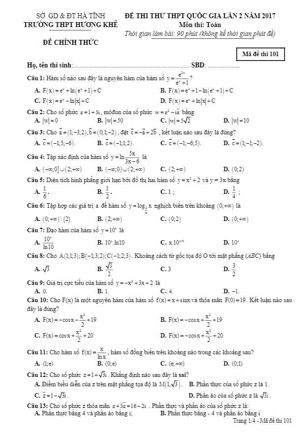 đề thi thử thpt quốc gia 2017 môn toán trường thpt hương khê – hà tĩnh lần 2