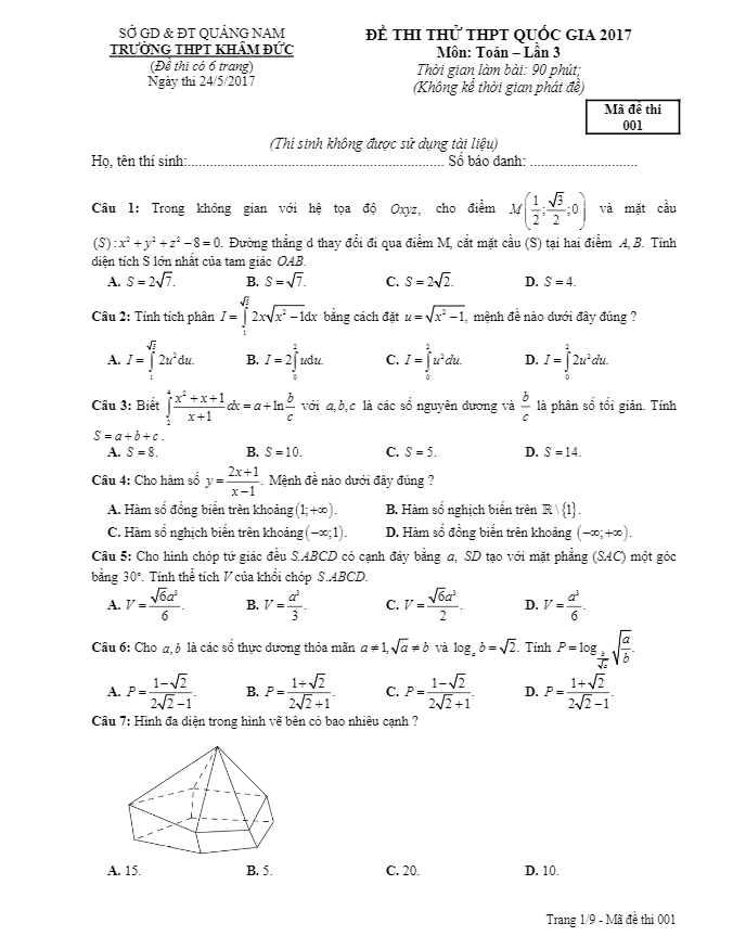 đề thi thử thpt quốc gia 2017 môn toán trường thpt khâm đức – quảng nam lần 3