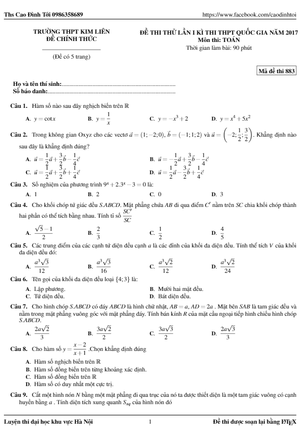 đề thi thử thpt quốc gia 2017 môn toán trường thpt kim liên – hà nội lần 1