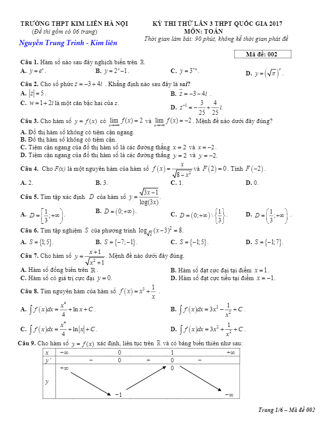 đề thi thử thpt quốc gia 2017 môn toán trường thpt kim liên – hà nội lần 3