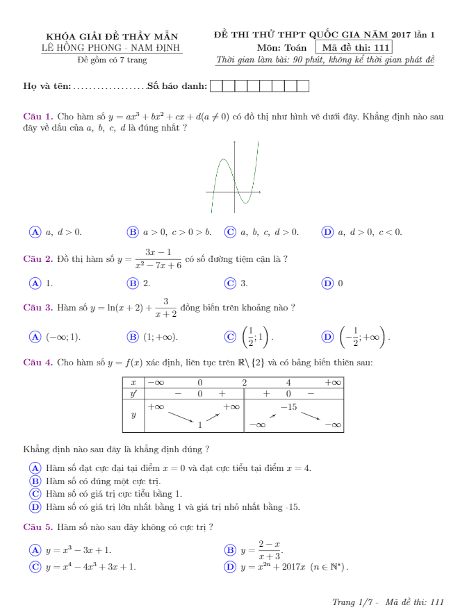 đề thi thử thpt quốc gia 2017 môn toán trường thpt lê hồng phong – nam định lần 1