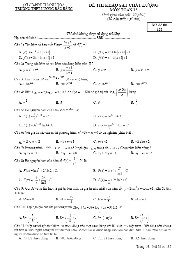 đề thi thử thpt quốc gia 2017 môn toán trường thpt lương đắc bằng – thanh hóa