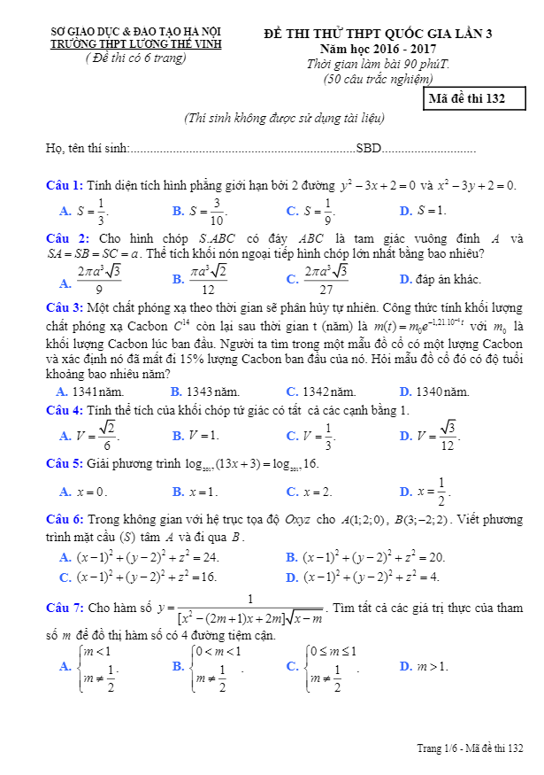 đề thi thử thpt quốc gia 2017 môn toán trường thpt lương thế vinh – hà nội lần 3