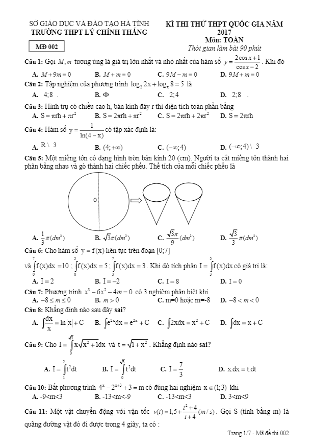 đề thi thử thpt quốc gia 2017 môn toán trường thpt lý chính thắng – hà tĩnh