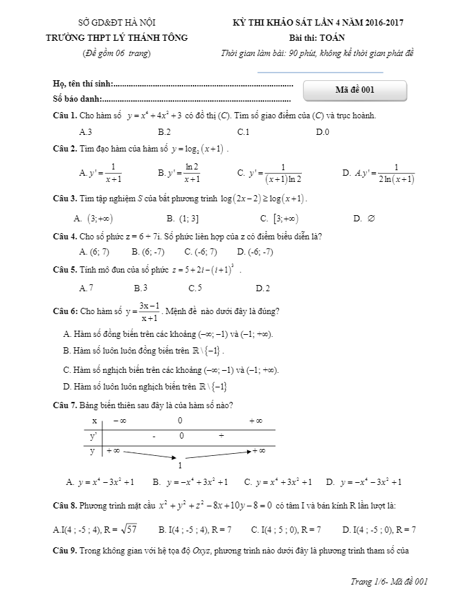 đề thi thử thpt quốc gia 2017 môn toán trường thpt lý thánh tông – hà nội lần 4