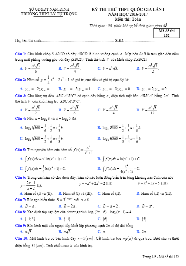 đề thi thử thpt quốc gia 2017 môn toán trường thpt lý tự trọng – nam định lần 1