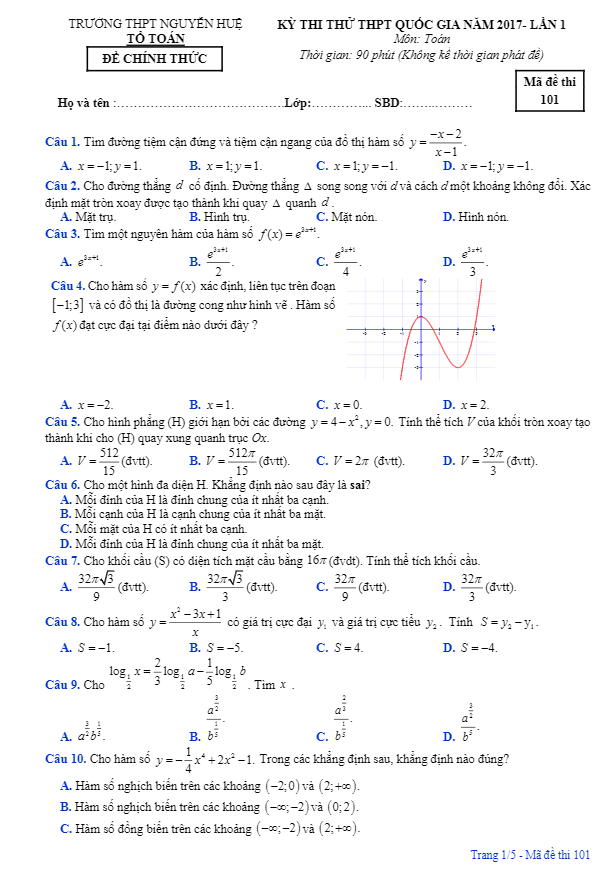 đề thi thử thpt quốc gia 2017 môn toán trường thpt nguyễn huệ – tt. huế