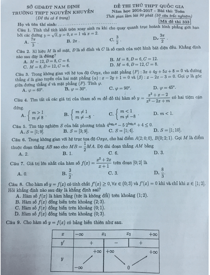 đề thi thử thpt quốc gia 2017 môn toán trường thpt nguyễn khuyến – nam định