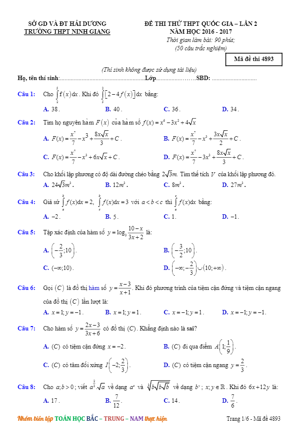 đề thi thử thpt quốc gia 2017 môn toán trường thpt ninh giang – hải dương lần 2