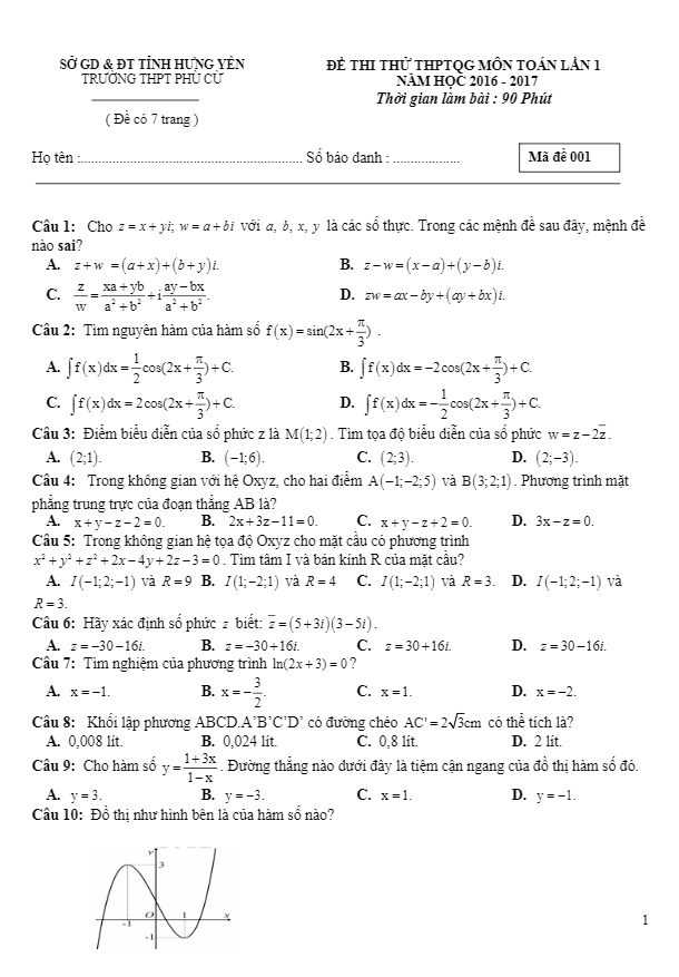 đề thi thử thpt quốc gia 2017 môn toán trường thpt phù cừ – hưng yên lần 1