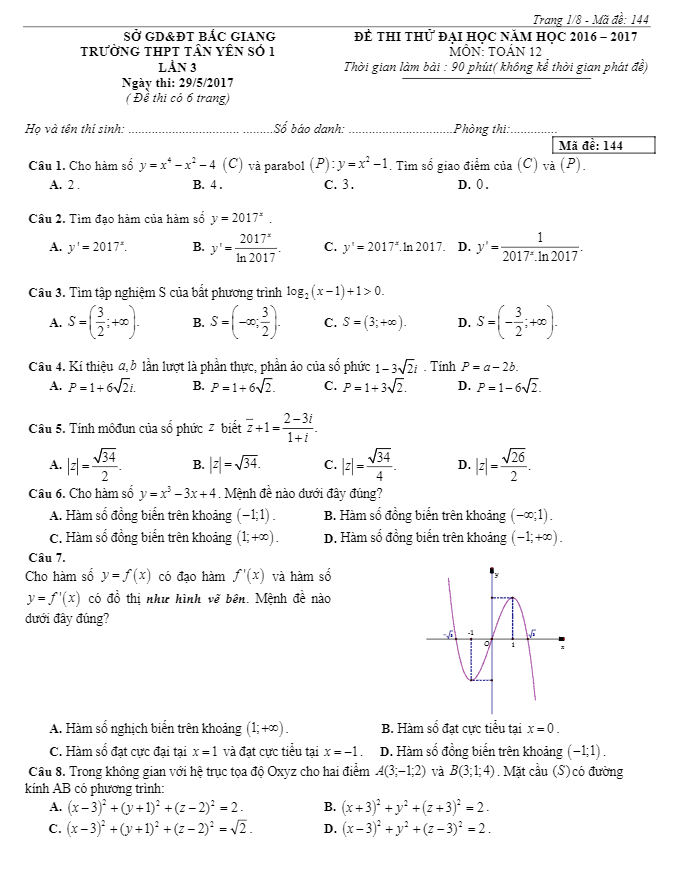 đề thi thử thpt quốc gia 2017 môn toán trường thpt tân yên 1 – bắc giang lần 3