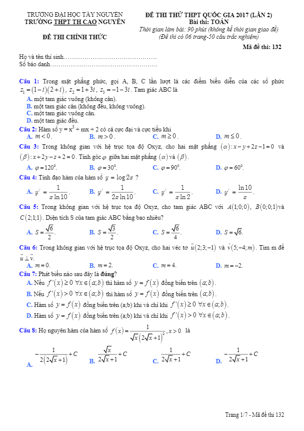 đề thi thử thpt quốc gia 2017 môn toán trường thpt th cao nguyên – đăk lăk