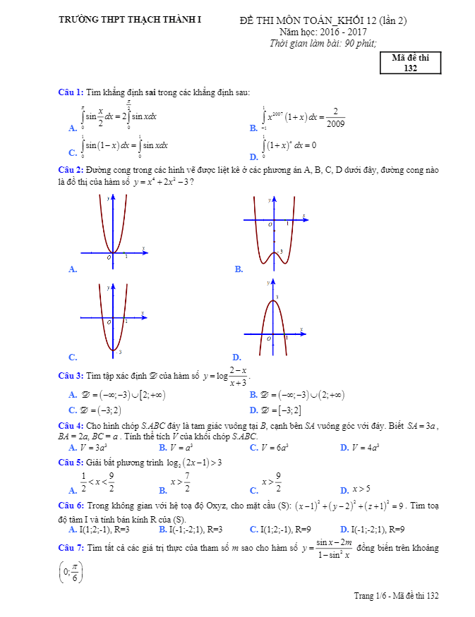 đề thi thử thpt quốc gia 2017 môn toán trường thpt thạch thành 1 – thanh hóa lần 2