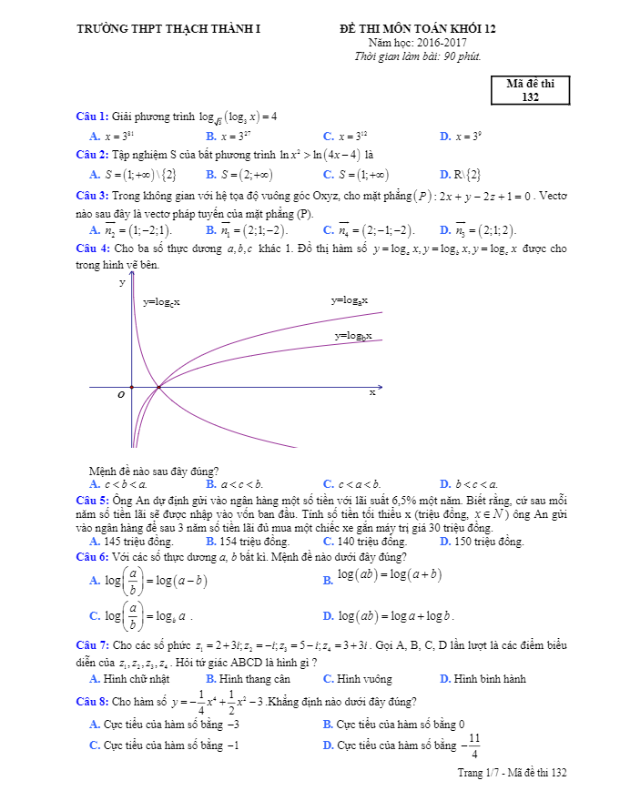 đề thi thử thpt quốc gia 2017 môn toán trường thpt thạch thành 1 – thanh hóa