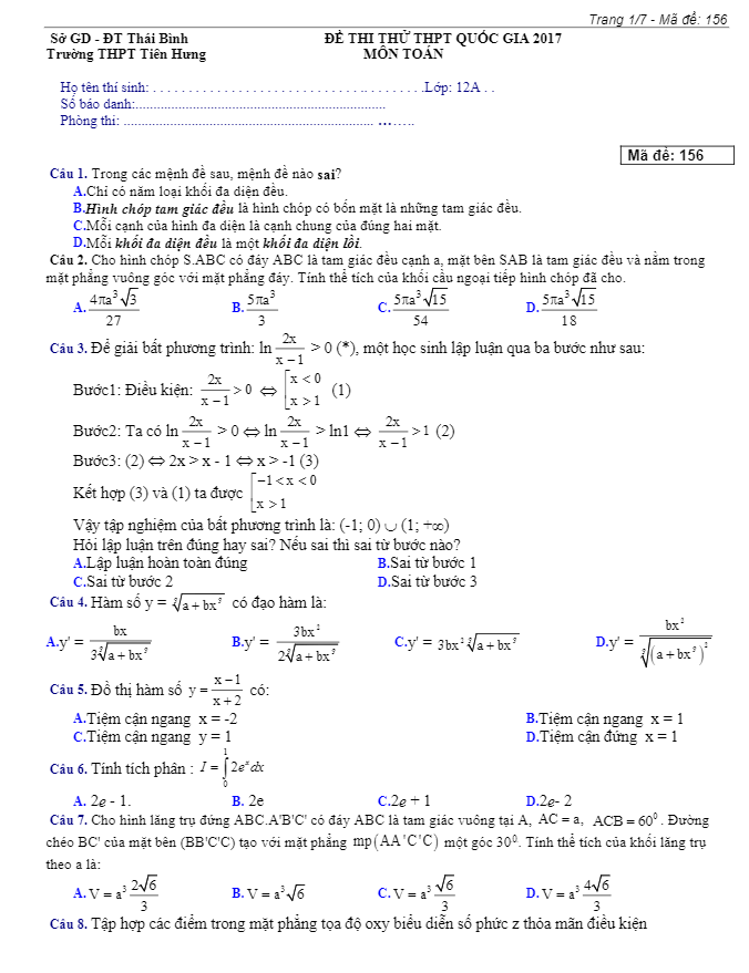 đề thi thử thpt quốc gia 2017 môn toán trường thpt tiên hưng – thái bình