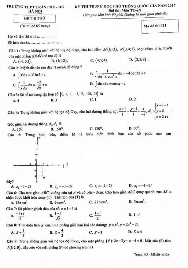 đề thi thử thpt quốc gia 2017 môn toán trường thpt trần phú – hà nội