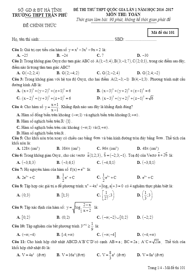 đề thi thử thpt quốc gia 2017 môn toán trường thpt trần phú – hà tĩnh lần 1