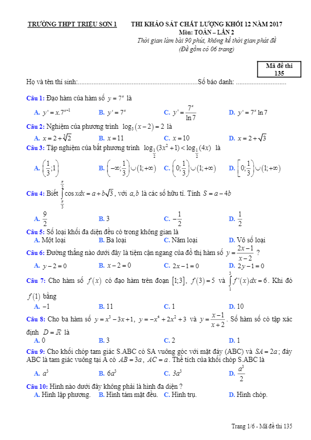 đề thi thử thpt quốc gia 2017 môn toán trường thpt triệu sơn 1 – thanh hóa lần 2