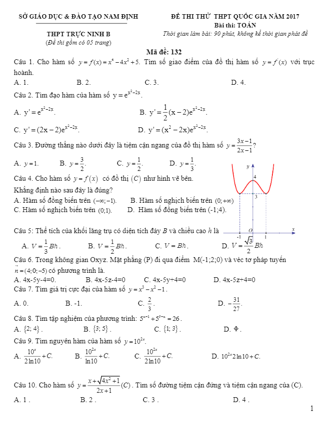 đề thi thử thpt quốc gia 2017 môn toán trường thpt trực ninh b – nam định
