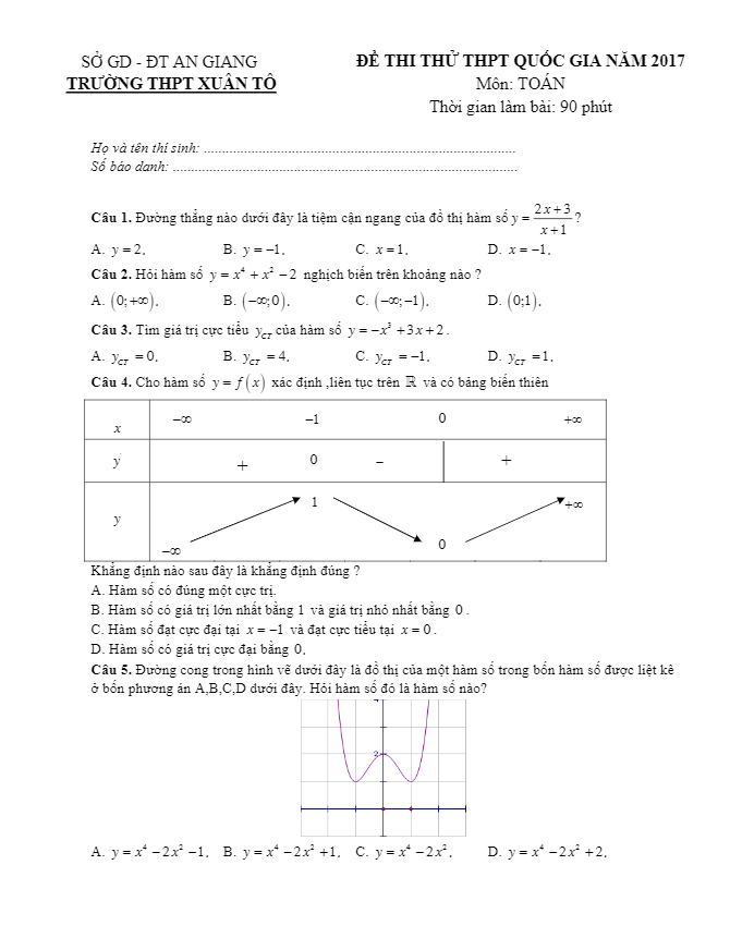 đề thi thử thpt quốc gia 2017 môn toán trường thpt xuân tô – an giang