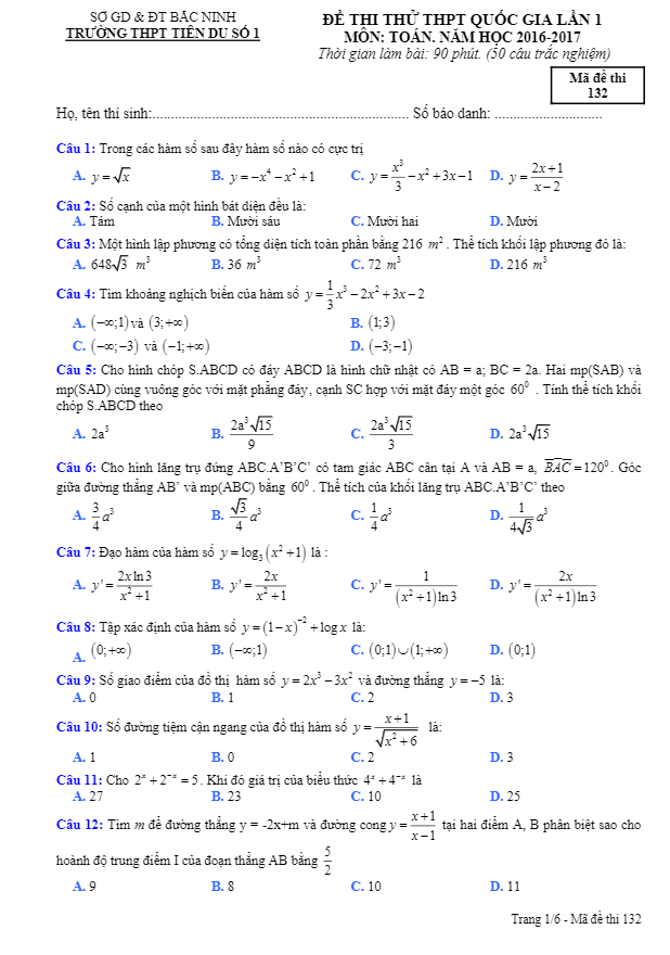đề thi thử thpt quốc gia 2017 môn toán trường tiên du 1 – bắc ninh lần 1