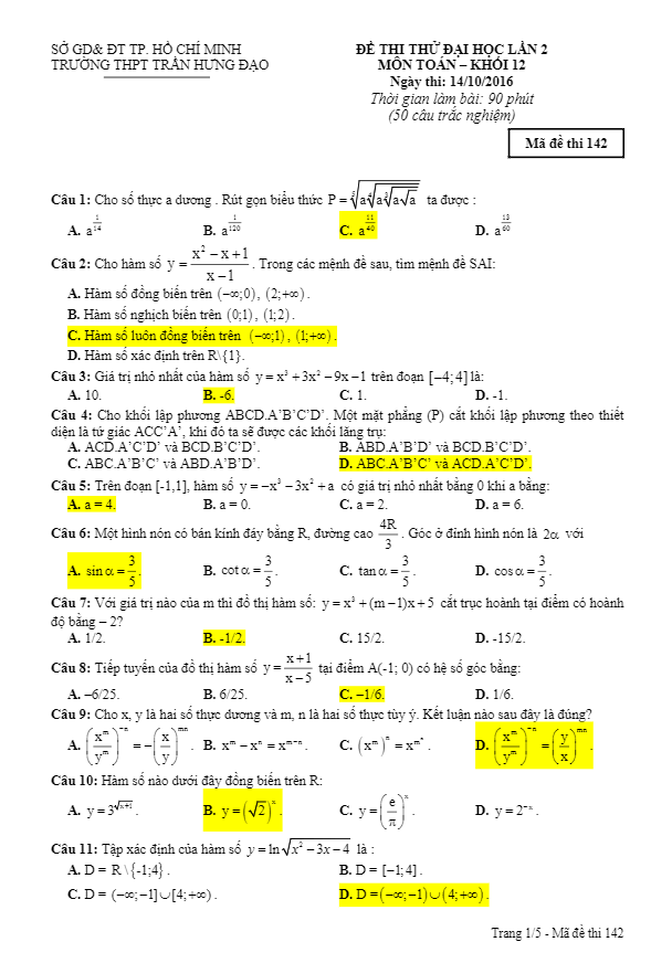 đề thi thử thpt quốc gia 2017 môn toán trường trần hưng đạo – tp.hcm lần 2