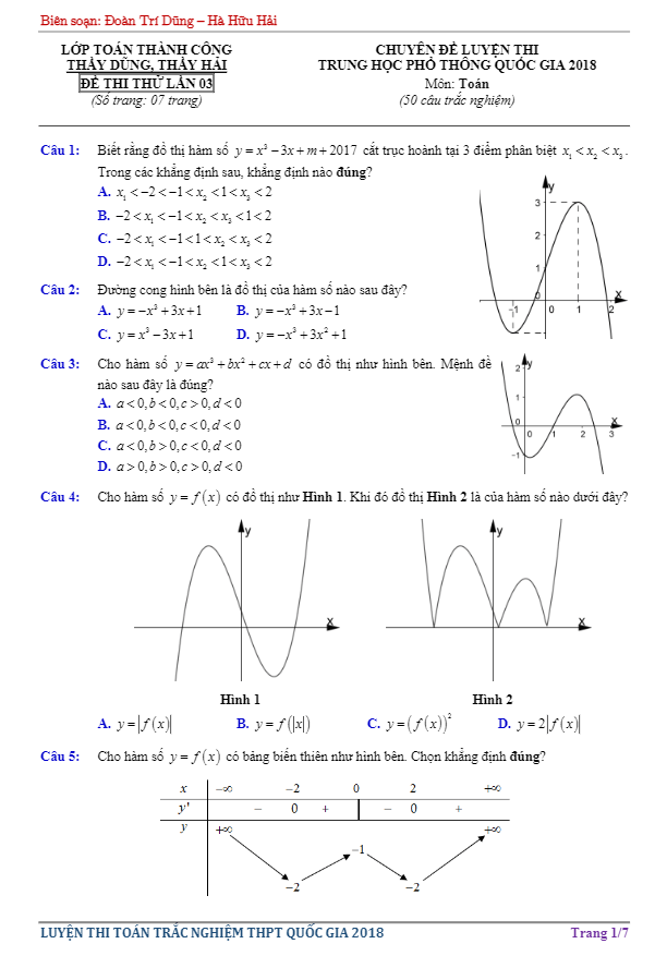 đề thi thử thpt quốc gia 2018 môn toán – đoàn trí dũng, hà hữu hải lần 3