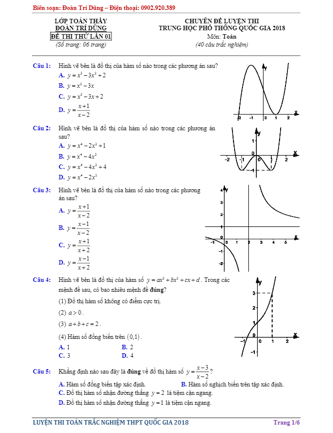 đề thi thử thpt quốc gia 2018 môn toán – đoàn trí dũng lần 1