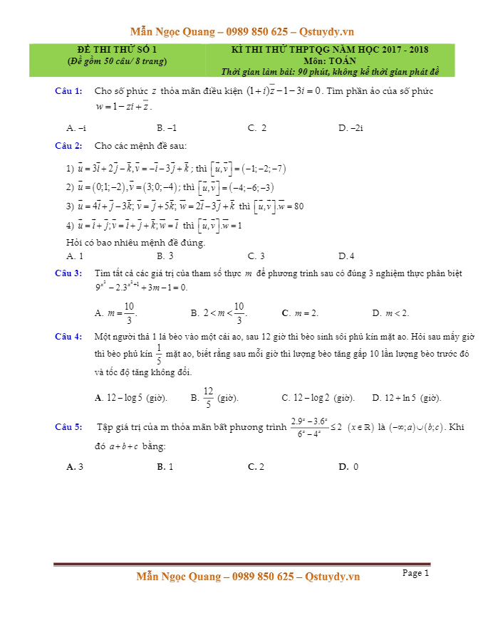 đề thi thử thpt quốc gia 2018 môn toán – mẫn ngọc quang lần 1