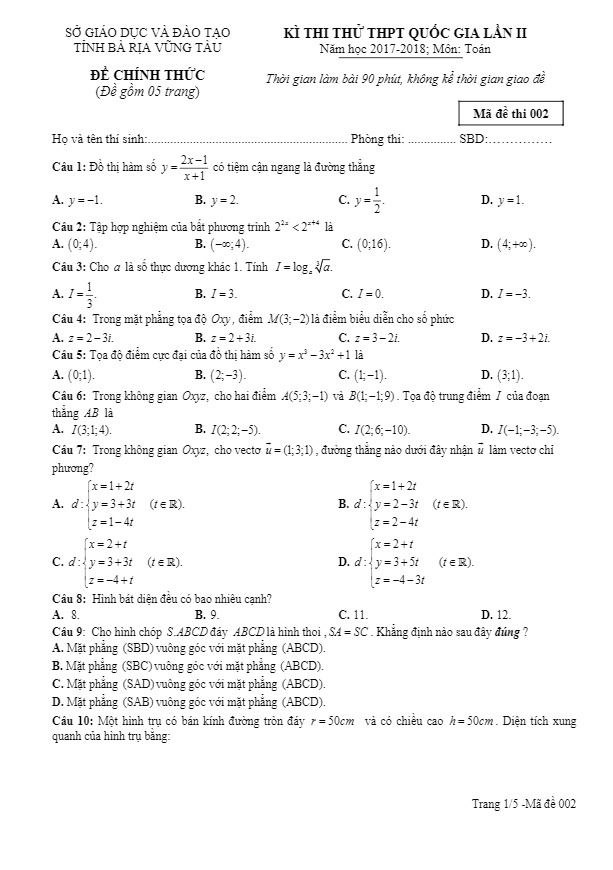 đề thi thử thpt quốc gia 2018 môn toán sở gd và đt bà rịa – vũng tàu lần 2