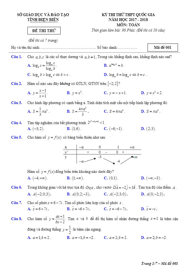 đề thi thử thpt quốc gia 2018 môn toán sở gd và đt điện biên