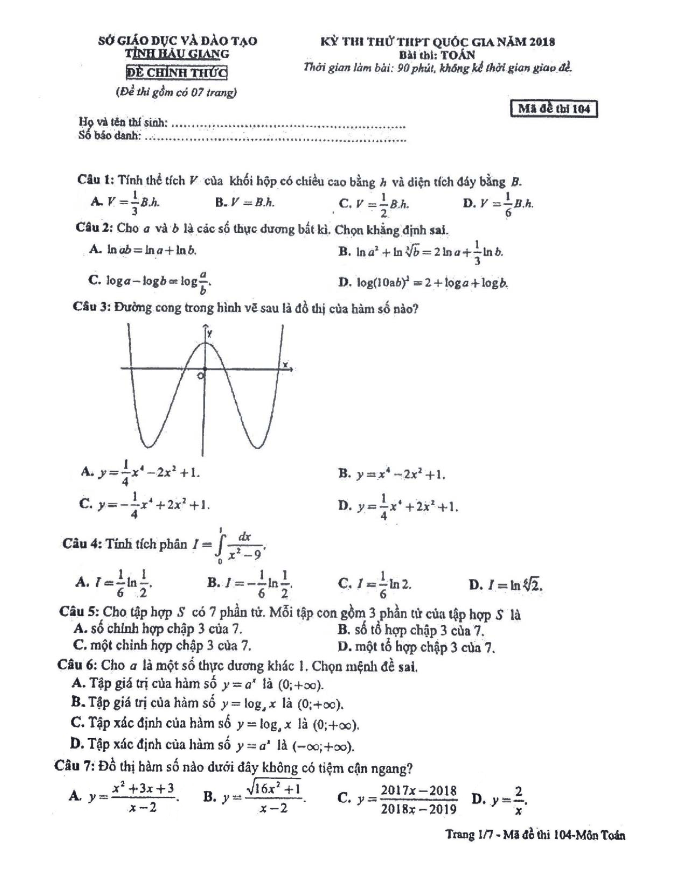 đề thi thử thpt quốc gia 2018 môn toán sở gd và đt hậu giang