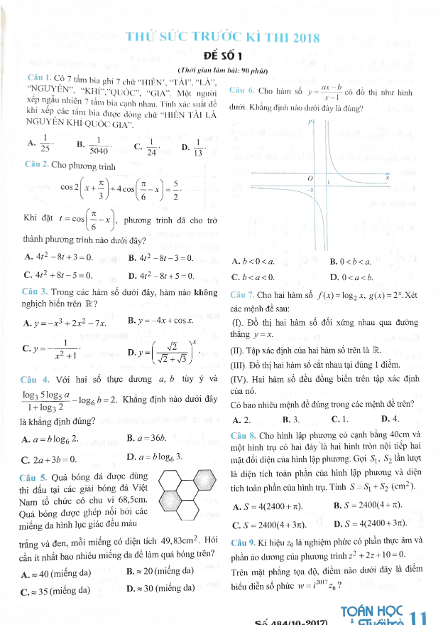 đề thi thử thpt quốc gia 2018 môn toán – tạp chí toán học tuổi trẻ lần 1