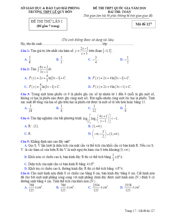 đề thi thử thpt quốc gia 2018 môn toán trường lê quý đôn – hải phòng lần 1