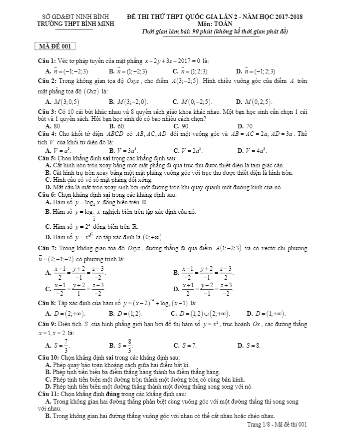 đề thi thử thpt quốc gia 2018 môn toán trường thpt bình minh – ninh bình lần 2
