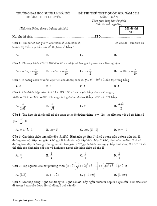đề thi thử thpt quốc gia 2018 môn toán trường thpt chuyên đhsp hà nội