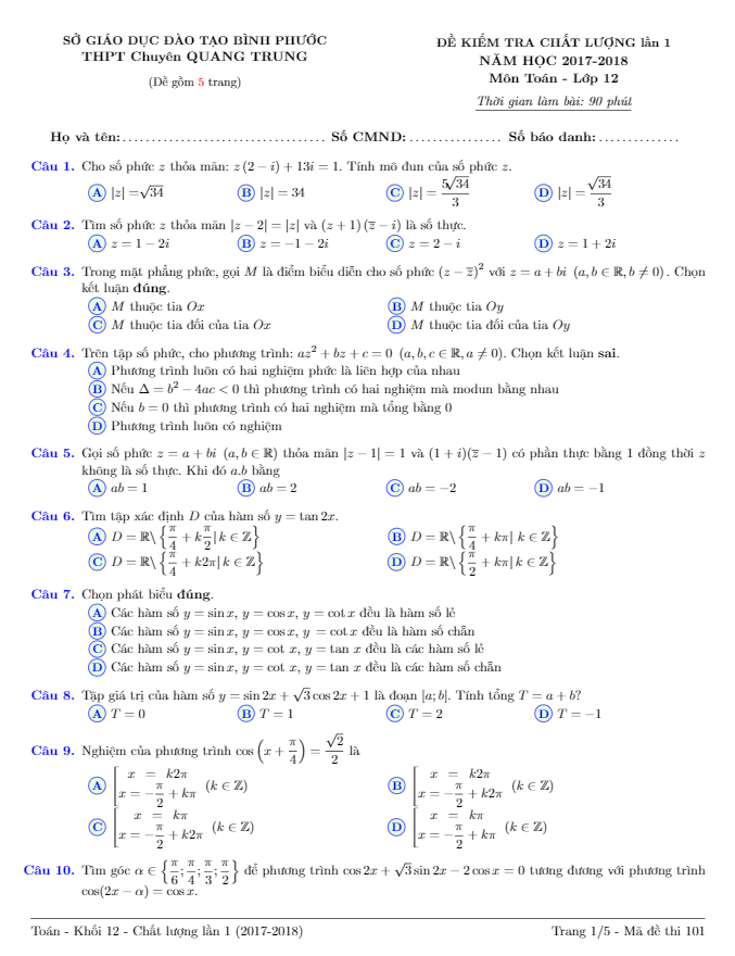 đề thi thử thpt quốc gia 2018 môn toán trường thpt chuyên quang trung – bình phước lần 1